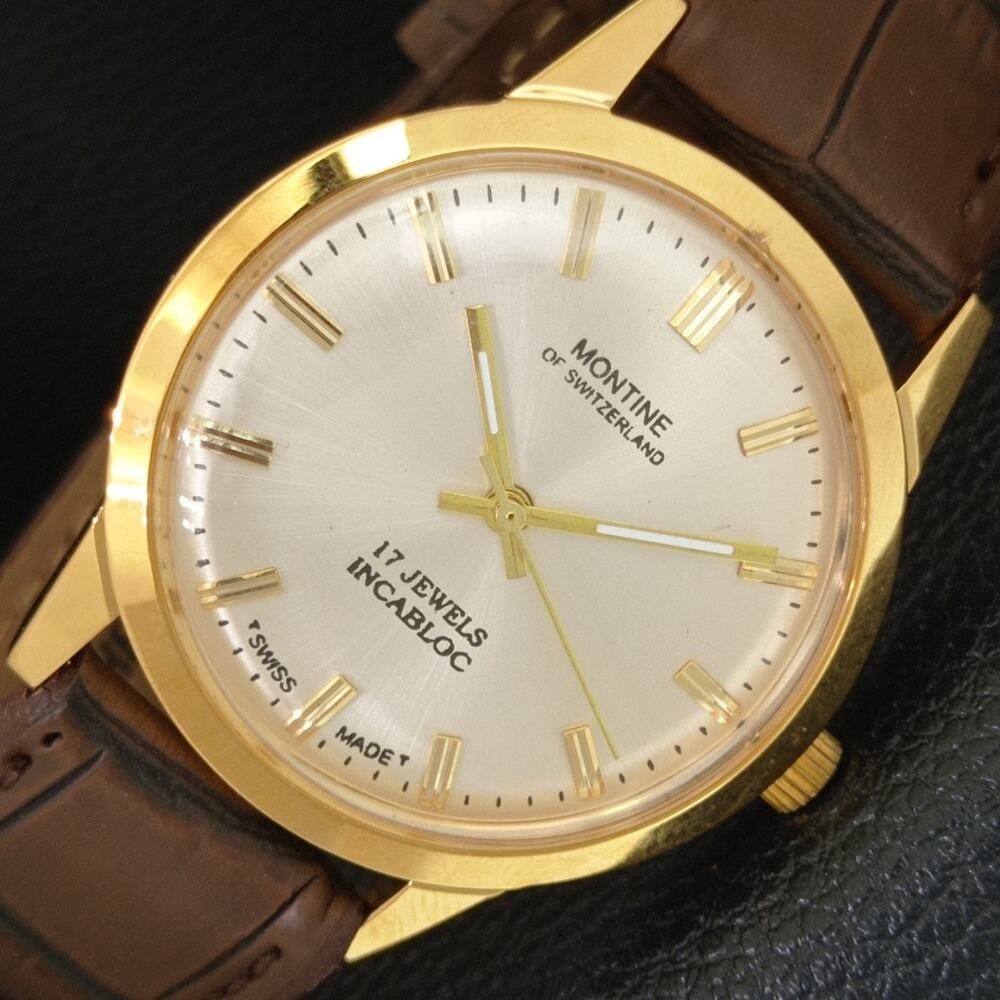 Vintage 1973 Montine Of Switzerland Manual Mens Gold Watch W/Leather Strap